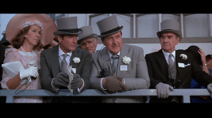 Bond and his MI6 buddies at the horse races, wearing fancy hats and being very WASP-y